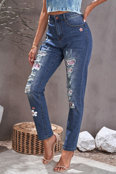 Blue Zone Planet |  Distressed Buttoned Jeans with Pockets BLUE ZONE PLANET