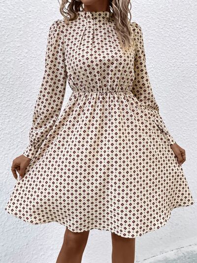 Printed Ruched Mock Neck Long Sleeve Dress Trendsi