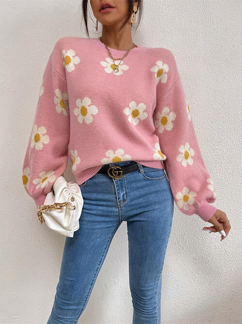 Flower Round Neck Latern Sleeve Sweater BLUE ZONE PLANET