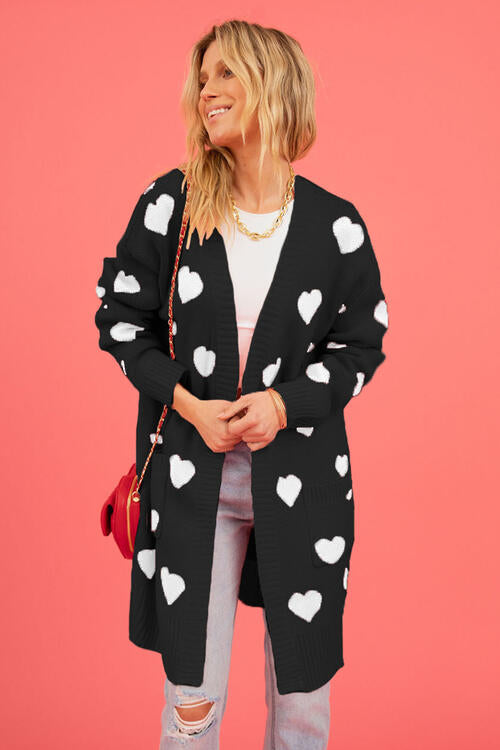 Heart Graphic Open Front Cardigan with Pockets BLUE ZONE PLANET