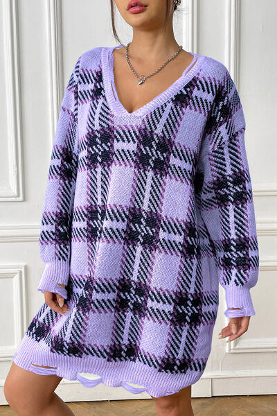 Plaid V-Neck Long Sleeve Sweater Dress BLUE ZONE PLANET