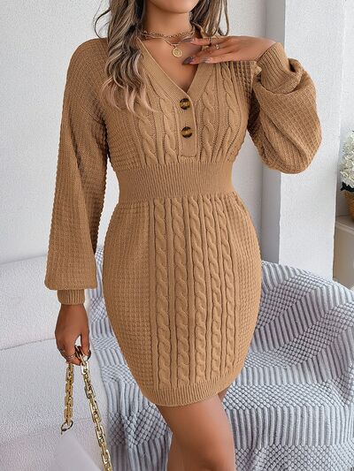 Buttoned Cable-Knit V-Neck Sweater Dress BLUE ZONE PLANET