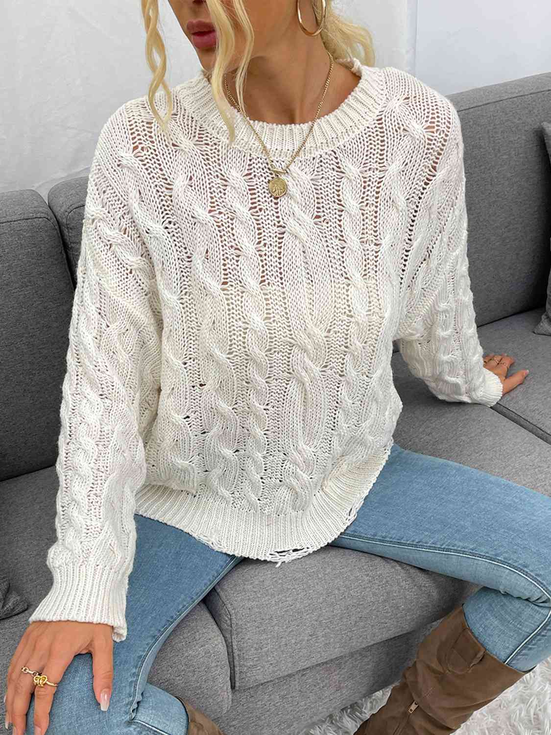 Openwork Distressed Long Sleeve Sweater BLUE ZONE PLANET