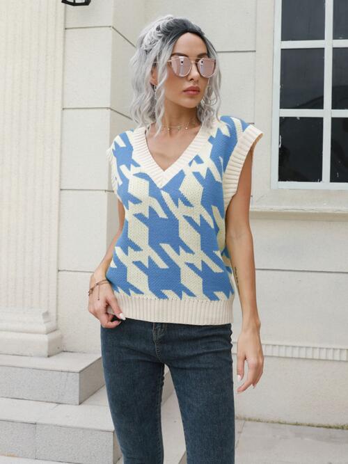 Houndstooth V-Neck Sweater Vest BLUE ZONE PLANET