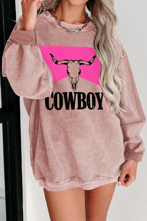 Blue Zone Planet | COWBOY Graphic Round Neck Sweatshirt-TOPS / DRESSES-[Adult]-[Female]-2022 Online Blue Zone Planet