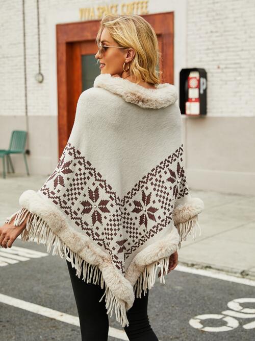 Fringe Geometric Cape Sleeve Poncho BLUE ZONE PLANET