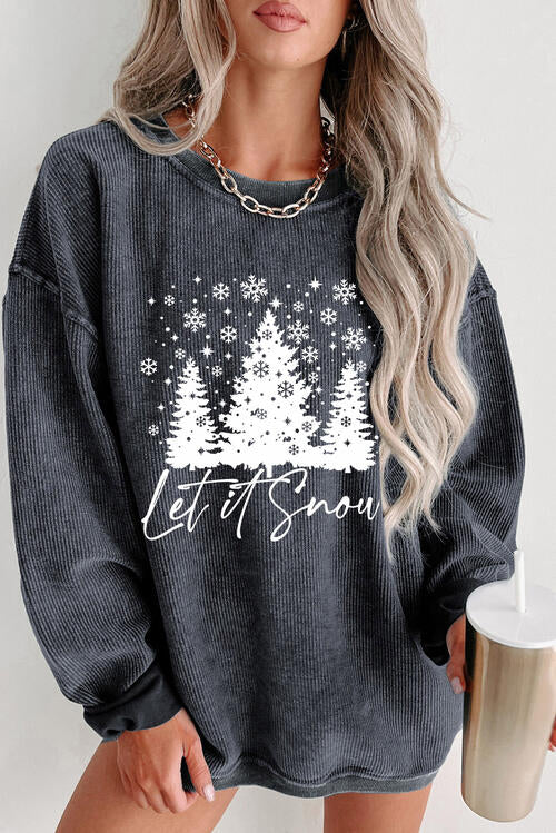 Christmas Tree Graphic Dropped Shoulder Sweatshirt-TOPS / DRESSES-[Adult]-[Female]-Charcoal-S-2022 Online Blue Zone Planet