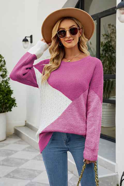 Color Block Round Neck Sweater BLUE ZONE PLANET