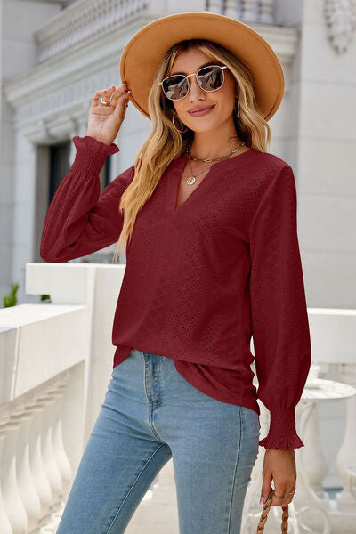 Eyelet Notched Lantern Sleeve T-Shirt Trendsi