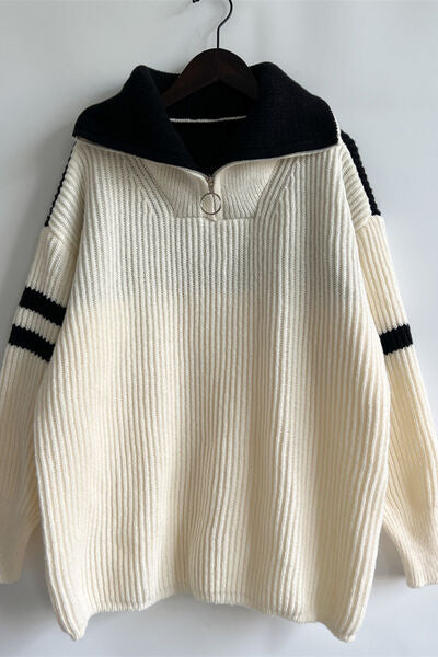 Quarter Zip Striped Dropped Shoulder Sweater Trendsi