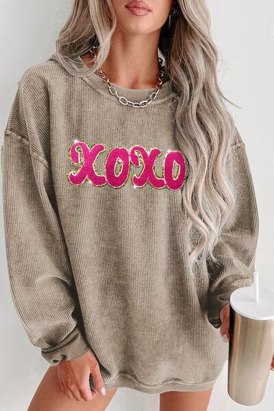 XOXO Sequin Round Neck Dropped Shoulder Sweatshirt-TOPS / DRESSES-[Adult]-[Female]-Dust Storm-S-2022 Online Blue Zone Planet