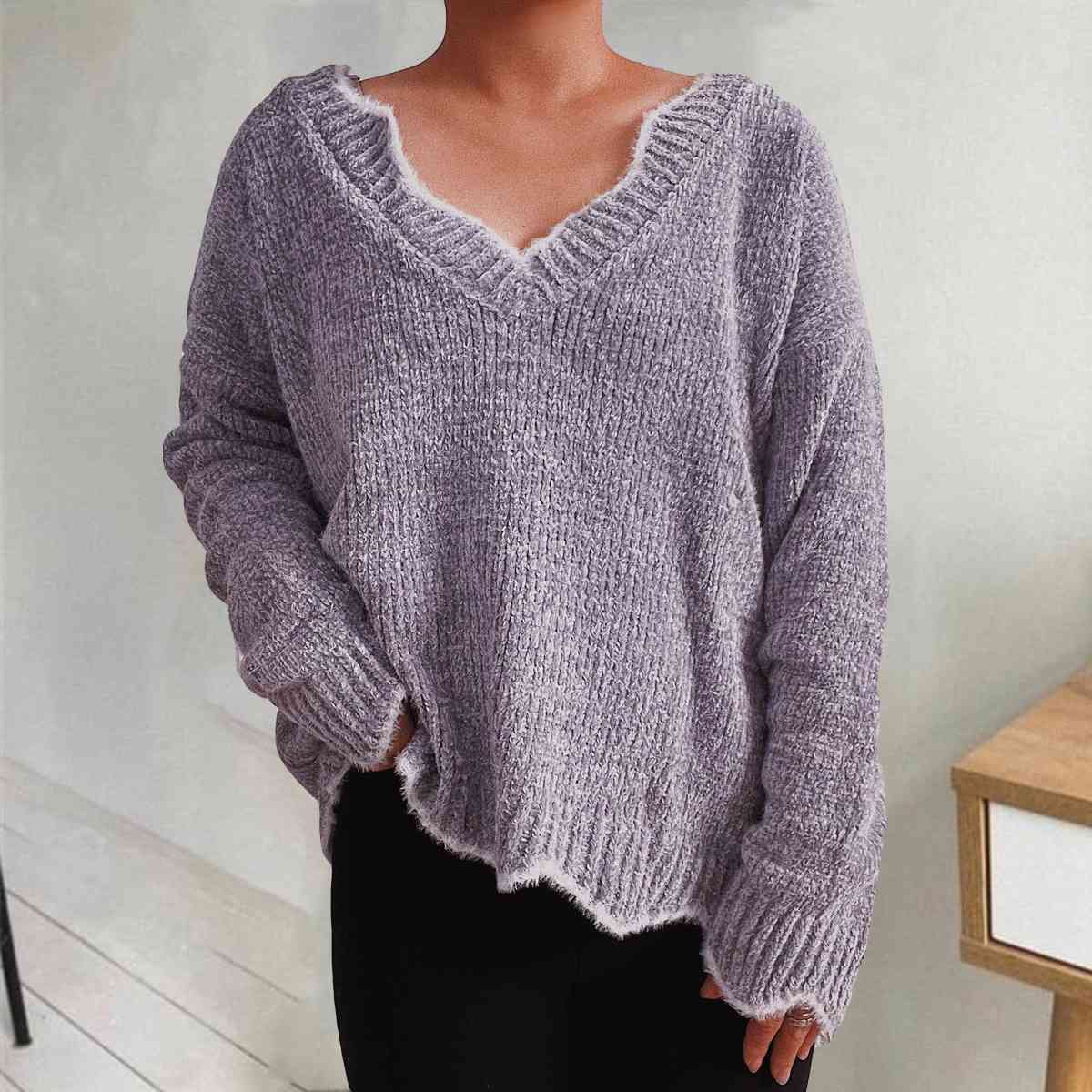 V-Neck Drop Shoulder Long Sleeve Sweater BLUE ZONE PLANET