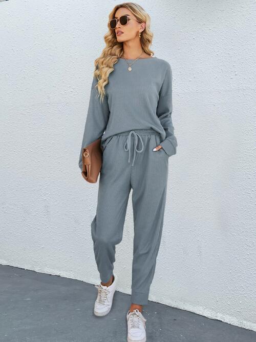 Round Neck Top and Drawstring Pants Set BLUE ZONE PLANET