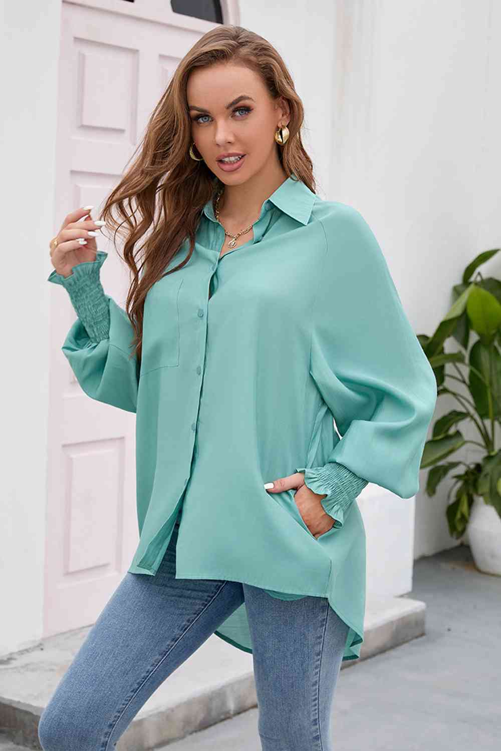 High-Low Collared Neck Lantern Sleeve Shirt BLUE ZONE PLANET