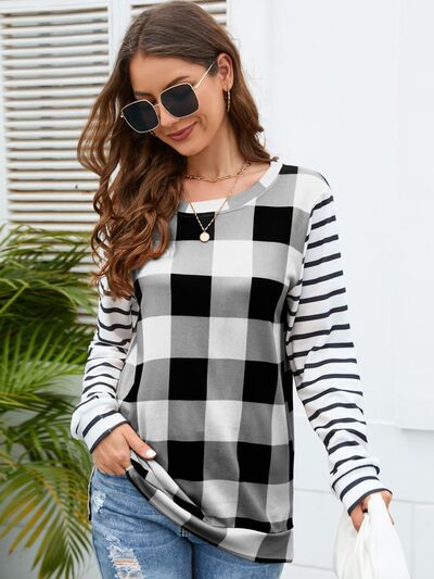 Plaid Striped Round Neck Long Sleeve T-Shirt-TOPS / DRESSES-[Adult]-[Female]-Light Gray-S-2022 Online Blue Zone Planet