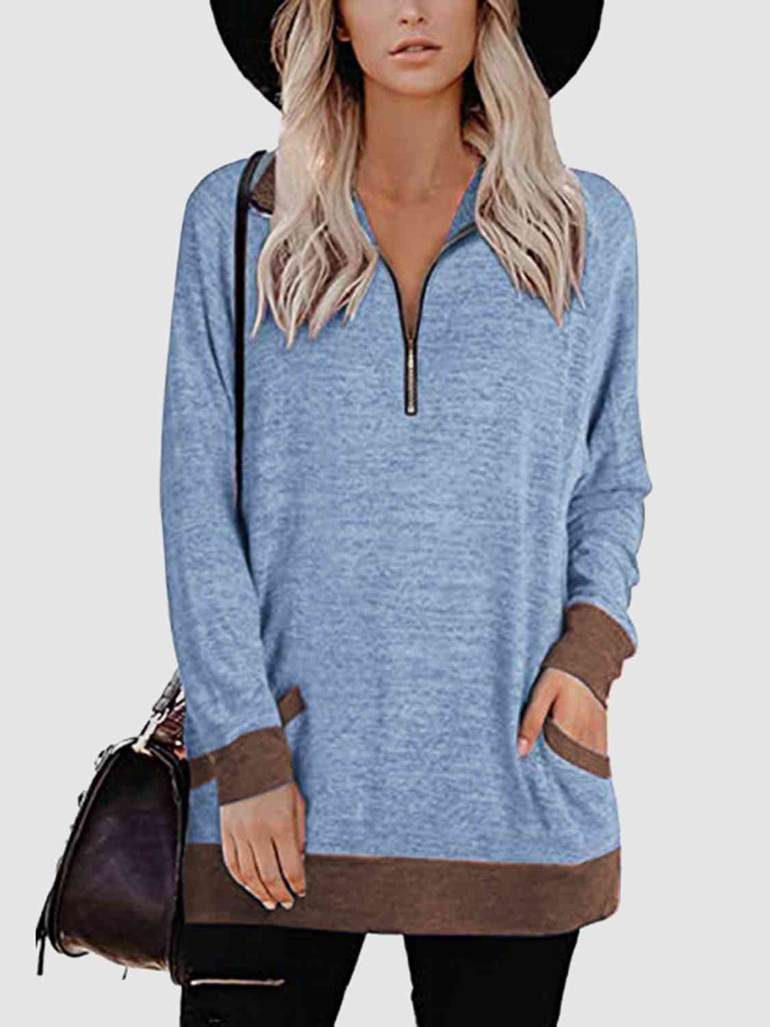 Contrast Half Zip Sweatshirt with Pockets BLUE ZONE PLANET