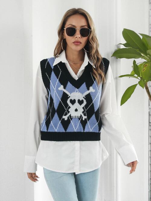 Skull Geometric V-Neck Sweater Vest BLUE ZONE PLANET