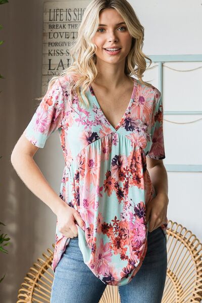 Heimish Full Size Floral V-Neck Short Sleeve Babydoll Blouse BLUE ZONE PLANET