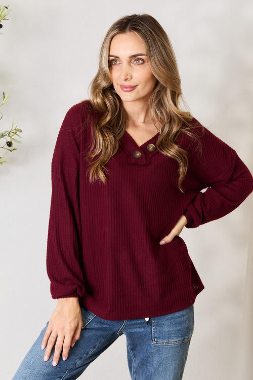 Zenana Buttoned V-Neck Long Sleeve Blouse BLUE ZONE PLANET