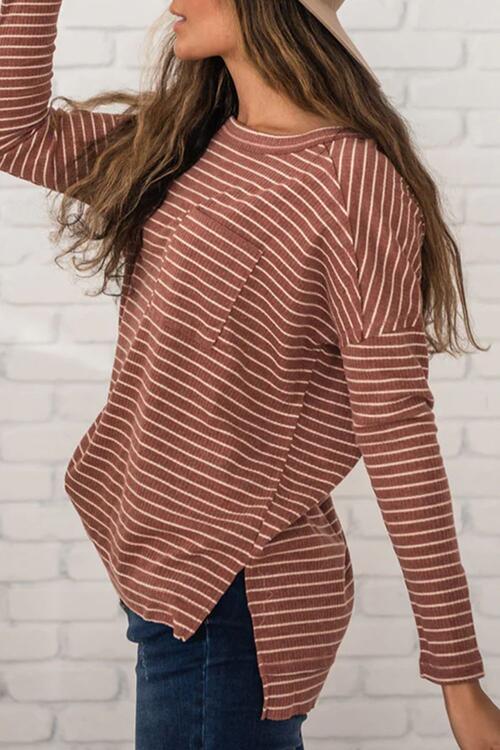 Striped Round Neck Long Sleeve Slit T-Shirt BLUE ZONE PLANET