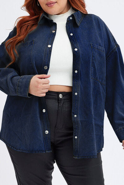 Plus Size Snap Down Pocketed Denim Jacket BLUE ZONE PLANET