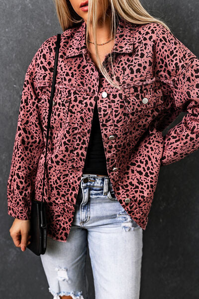 Leopard Raw Hem Button Up Denim Jacket BLUE ZONE PLANET