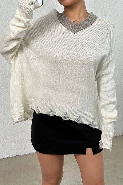 Distressed V-Neck Dropped Shoulder Sweater Trendsi