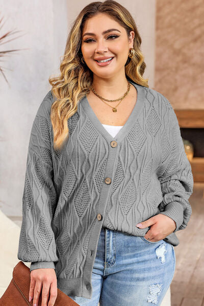 Blue Zone Planet |  Plus Size Cable-Knit Button Up Sweater BLUE ZONE PLANET