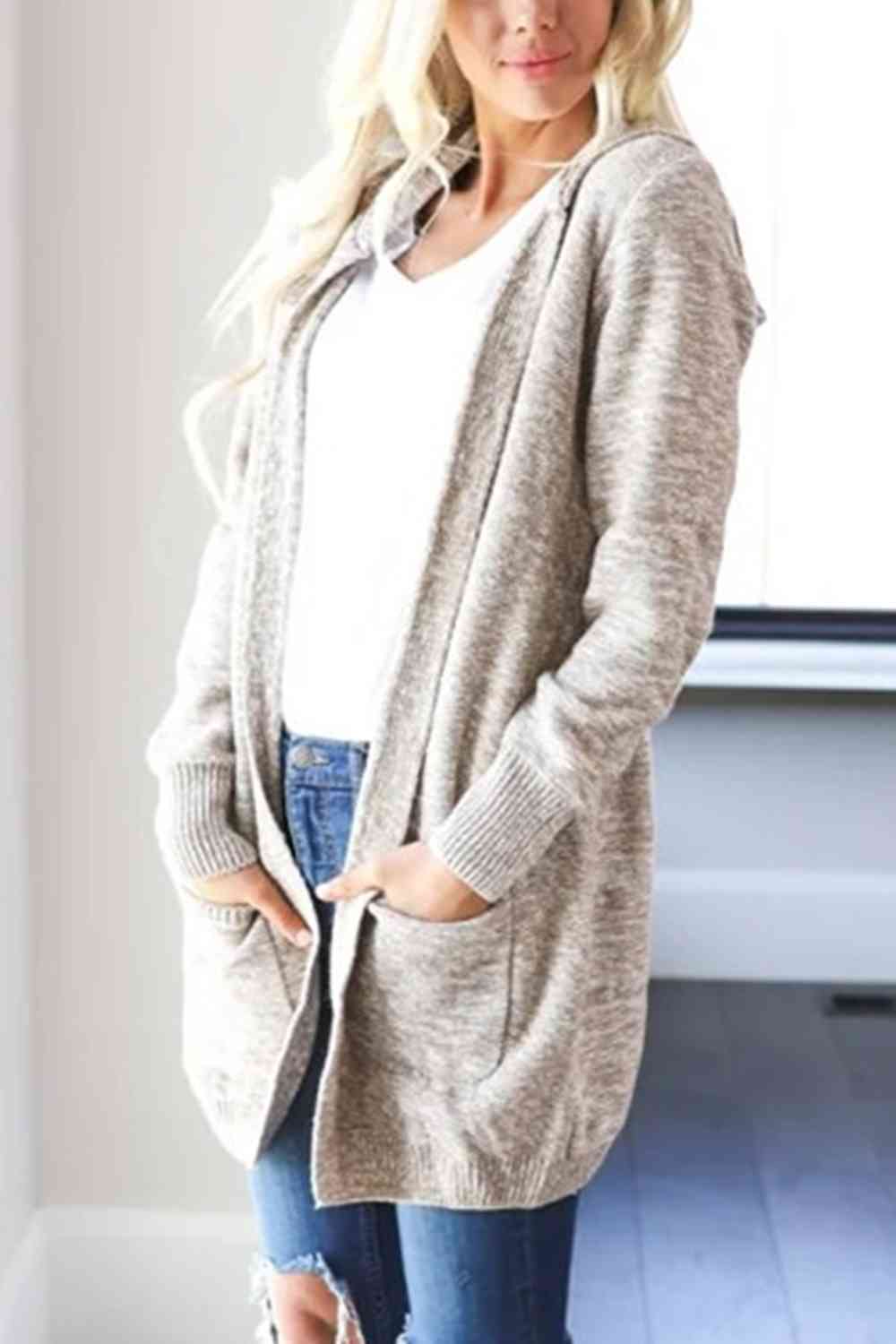 Heathered Open Front Cardigan with Pockets BLUE ZONE PLANET