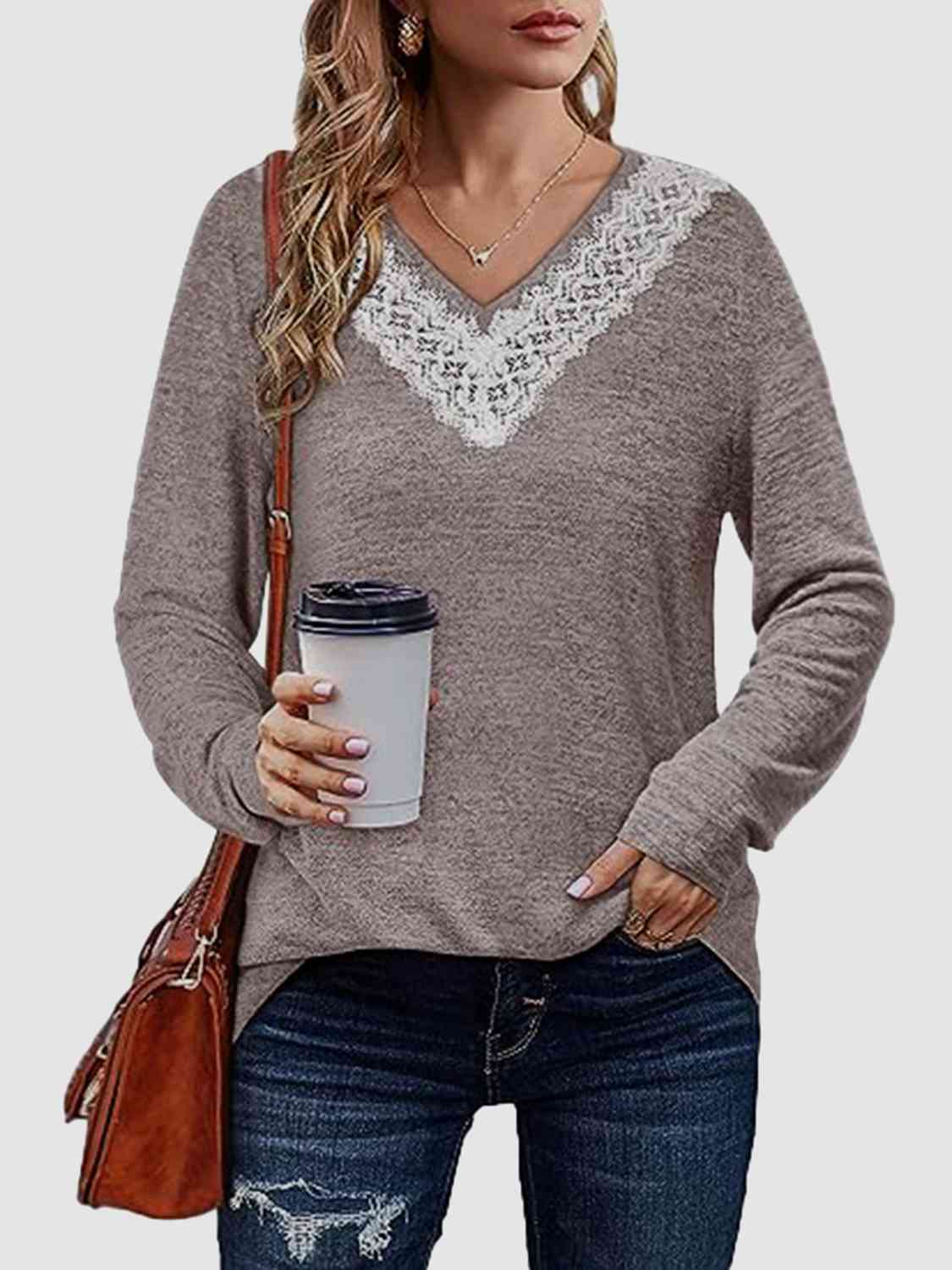 Lace Detail V-Neck Long Sleeve Top BLUE ZONE PLANET