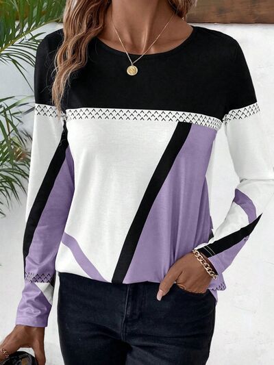 Contrast Round Neck Long Sleeve T-Shirt Trendsi