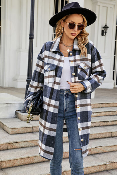 Blue Zone Planet |  Plaid Button Up Collared Neck Coat with Pockets BLUE ZONE PLANET