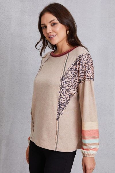 Contrast Stitching Leopard Long Sleeve Blouse Trendsi