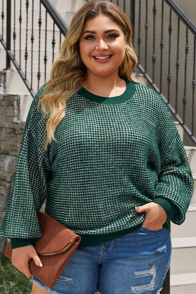 Plus Size Waffle-Knit Round Neck Dropped Shoulder Sweater-TOPS / DRESSES-[Adult]-[Female]-Mid Green-1XL-2022 Online Blue Zone Planet