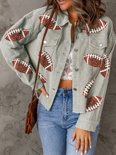 Football Sequin Button Up Dropped Shoulder Jacket BLUE ZONE PLANET