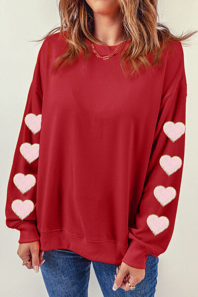 Heart Round Neck Dropped Shoulder Sweatshirt-TOPS / DRESSES-[Adult]-[Female]-2022 Online Blue Zone Planet