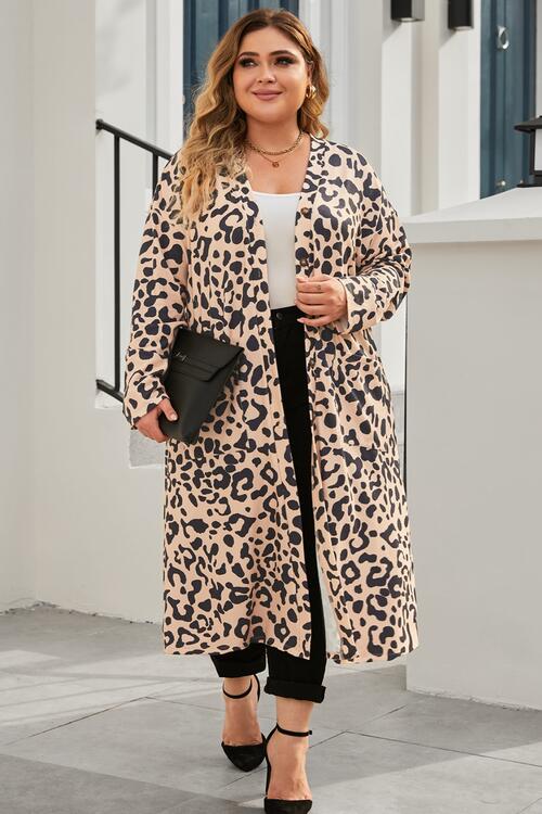 Plus Size Leopard Button Up Long Sleeve Cardigan BLUE ZONE PLANET