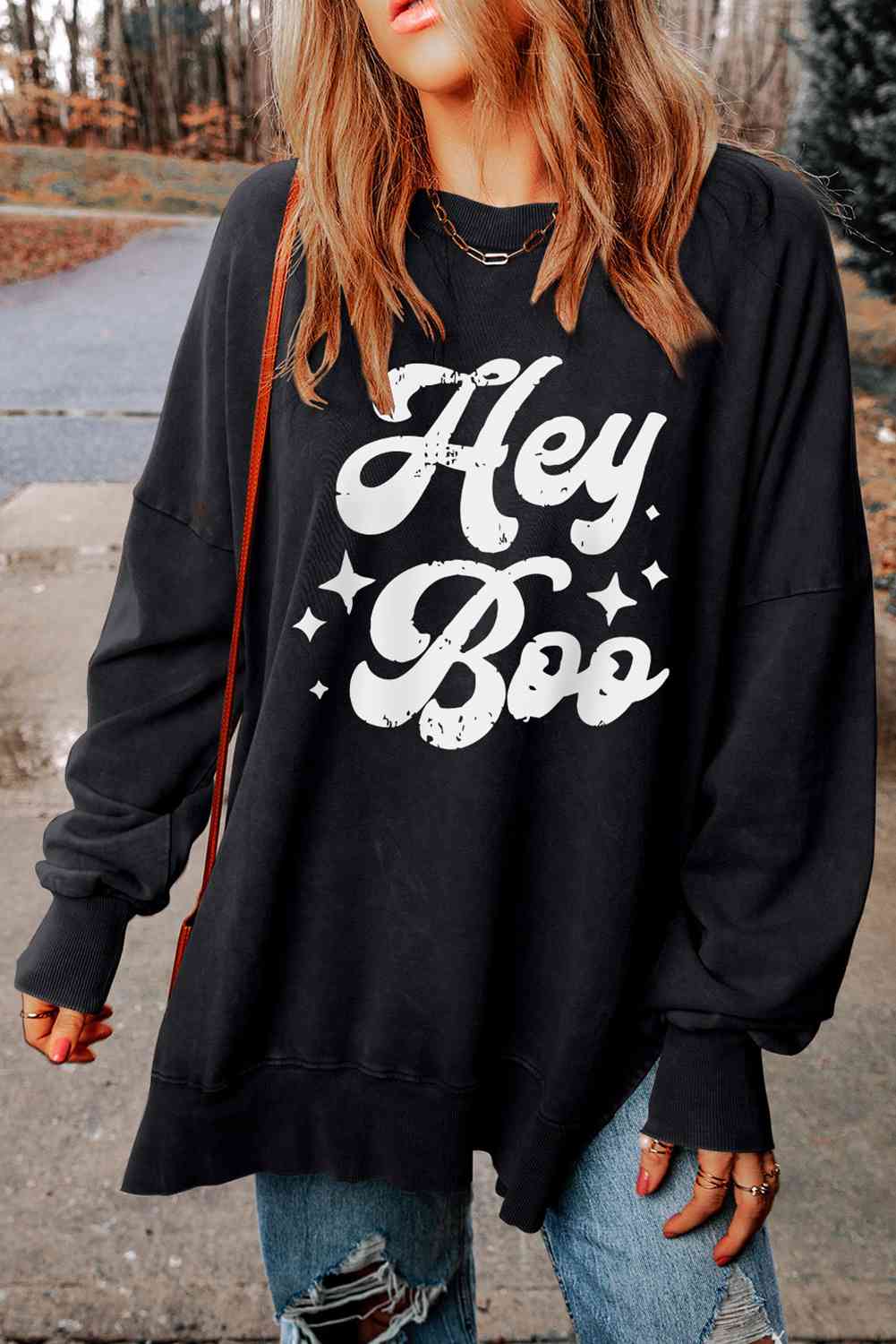 HEY BOO Graphic Round Neck Sweatshirt BLUE ZONE PLANET