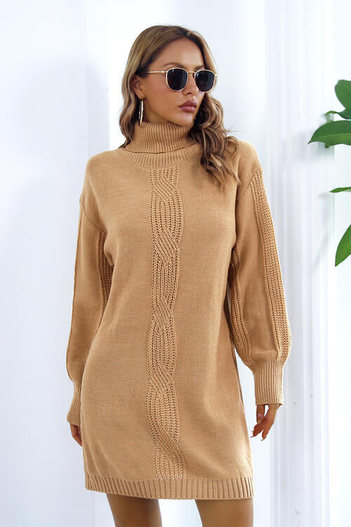 Openwork Turtleneck Long Sleeve Sweater Dress BLUE ZONE PLANET