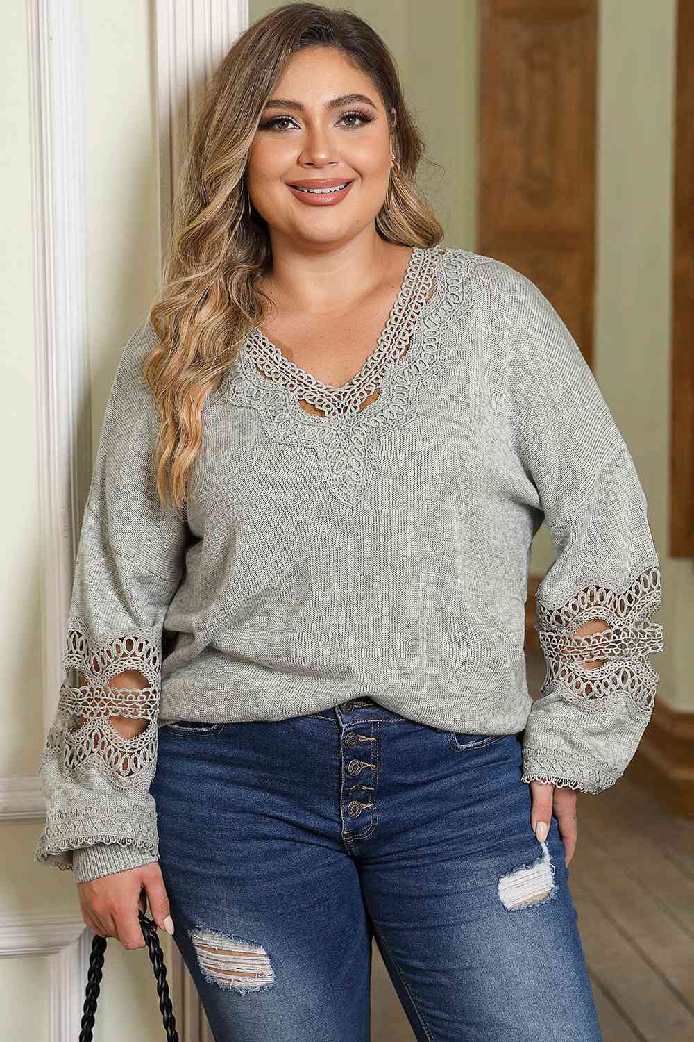 Plus Size Crochet Dropped Shoulder Long Sleeve Sweater BLUE ZONE PLANET