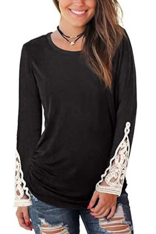 Lace Detail Long Sleeve Round Neck T-Shirt BLUE ZONE PLANET