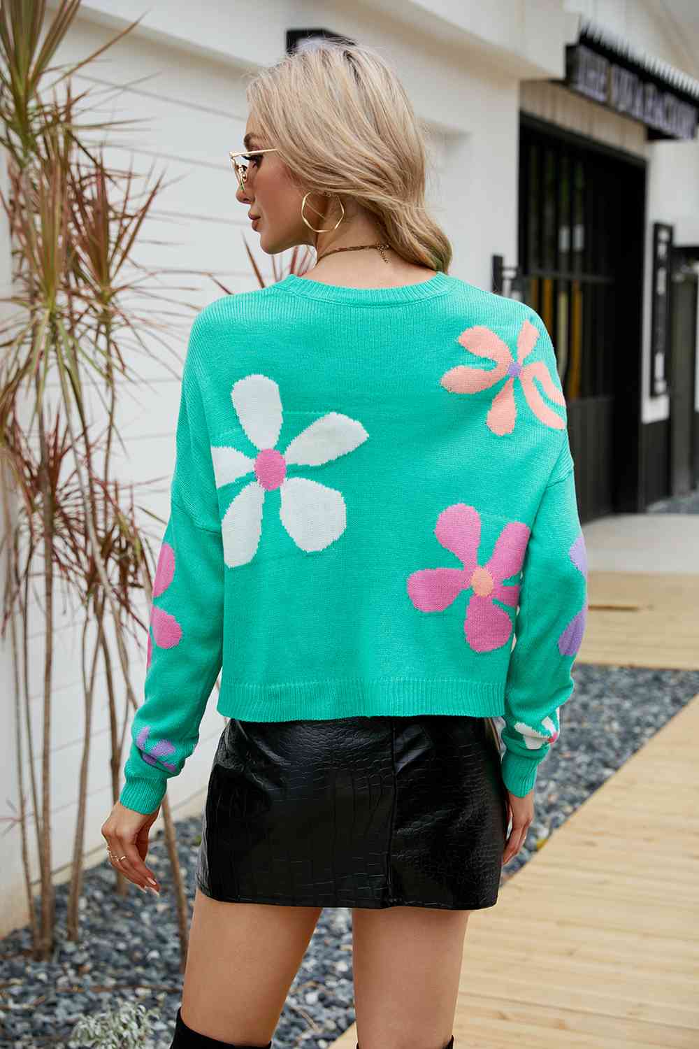 Flower Round Neck Drop Shoulder Sweater BLUE ZONE PLANET