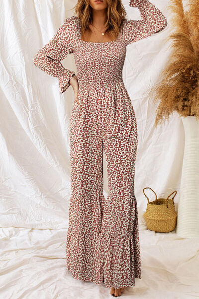 Floral Smocked Flounce Sleeve Square Neck Jumpsuit Trendsi