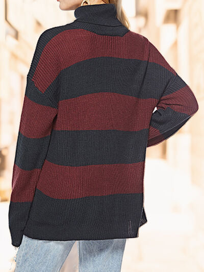 Striped Turtleneck Long Sleeve Sweater BLUE ZONE PLANET