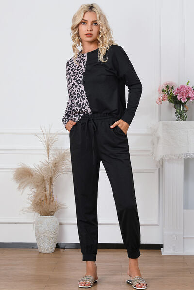 Leopard Round Neck Top and Drawstring Pants Lounge Set Trendsi