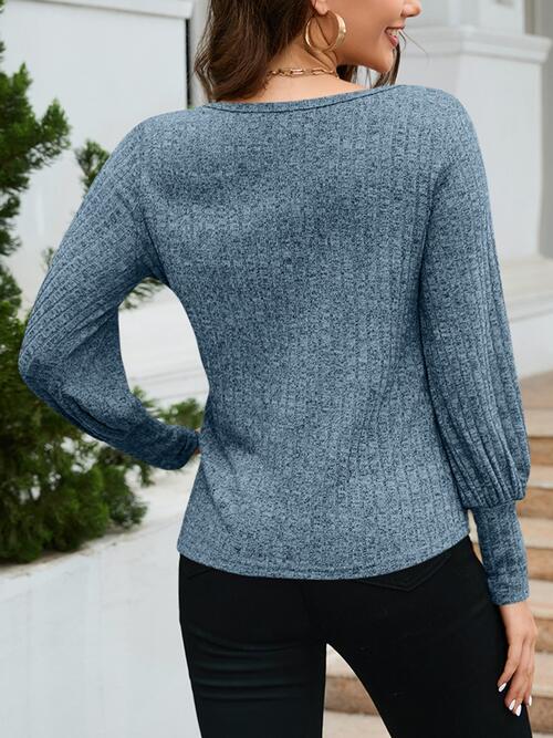 Ribbed Round Neck Lantern Sleeve Knit Top BLUE ZONE PLANET