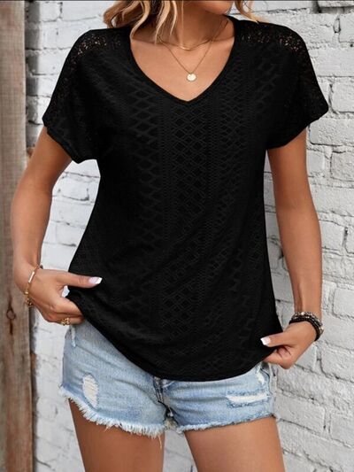 Eyelet V-Neck Short Sleeve T-Shirt Trendsi