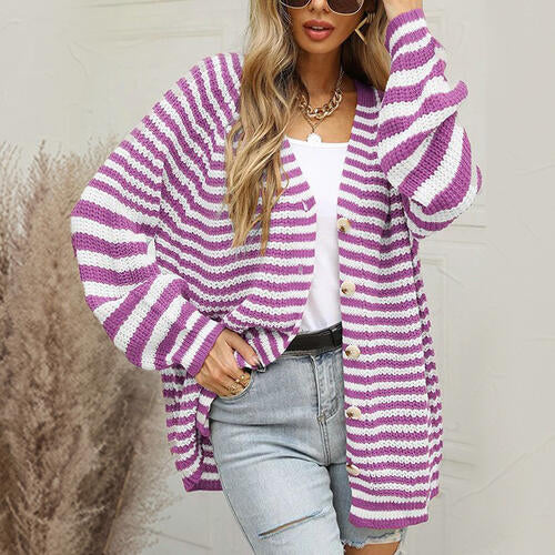 Striped Button Down Long Sleeve Cardigan BLUE ZONE PLANET