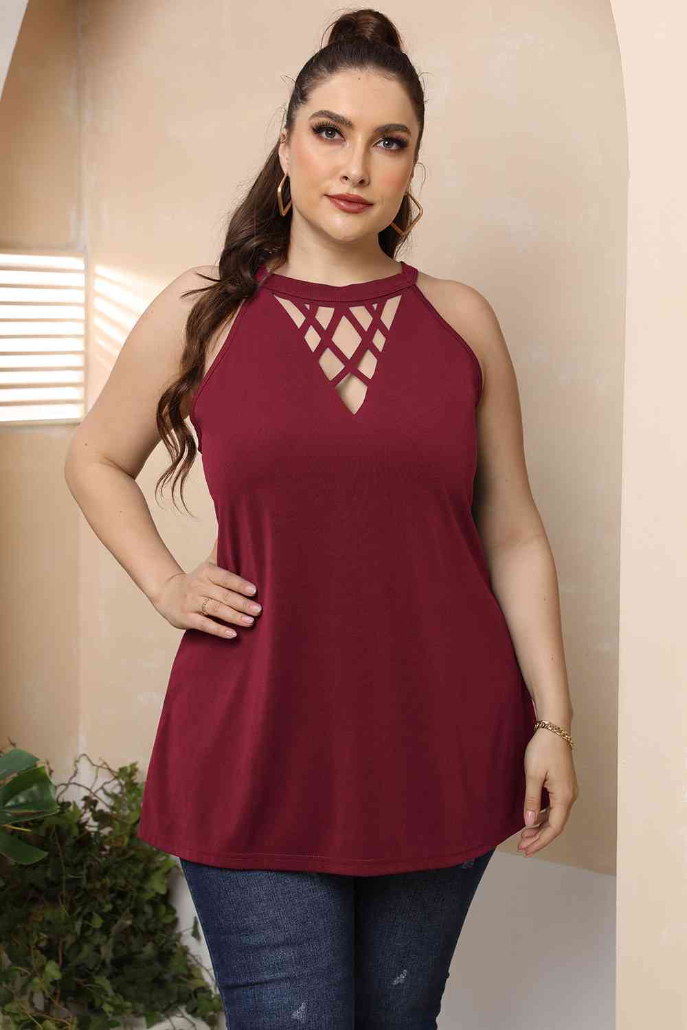 Plus Size Halter Neck Cutout Sleeveless Dress BLUE ZONE PLANET