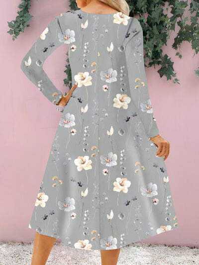 Floral Notched Long Sleeve Midi Dress BLUE ZONE PLANET